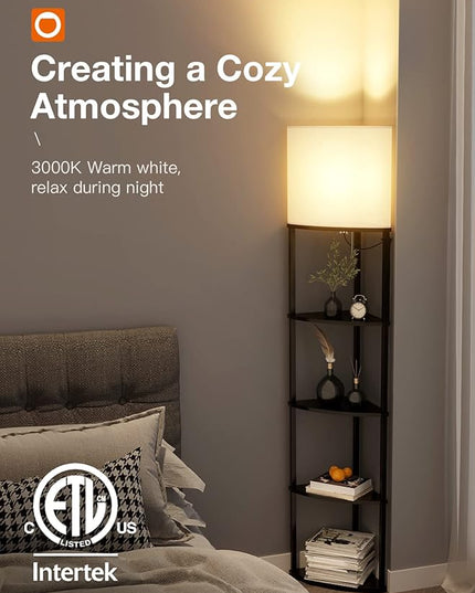 addlon corner lamp 5-Tier Shelf Floor Lamp Display with 3 Color Temperatures LED Bulb and Linen Lamp Shade, Shelves for Living Room, Bedroom and Office - Black - LeafyLoom