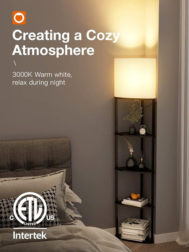 addlon corner lamp 5-Tier Shelf Floor Lamp Display with 3 Color Temperatures LED Bulb and Linen Lamp Shade, Shelves for Living Room, Bedroom and Office - Black - LeafyLoom