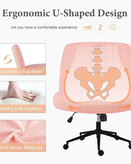 Sweetcrispy Criss Cross Chair Legged, Armless Office Desk Chair with Wheels, Swivel Vanity Chair, Height Adjustable Wide Seat Computer Task Chair, Fabric Vanity Modern Home Chair Pink - LeafyLoom