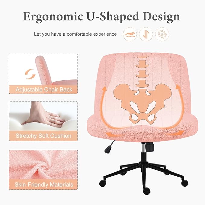 Sweetcrispy Criss Cross Chair Legged, Armless Office Desk Chair with Wheels, Swivel Vanity Chair, Height Adjustable Wide Seat Computer Task Chair, Fabric Vanity Modern Home Chair Pink - LeafyLoom