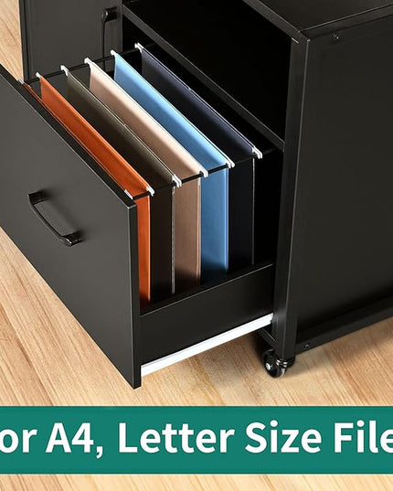 YITAHOME Wood File Cabinet with Charging Station, Rolling Filing Cabinet Cart with Door, Industrial Nightstand with Printer Shelf for Home Office, Bedroom, Living Room, Entryway, Black - LeafyLoom