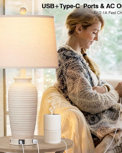 25" Farmhouse Jar Table Lamps Set of 2, 3 Way Touch Control Rustic Bedside Lamps with USB A+C Ports & AC Outlet, Pot Nightstand Lamps for Bedroom Living Room (LED Bulbs Included) - LeafyLoom