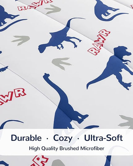 SLEEP ZONE Cartoon Dinosaur Comforter Set, Dark Blue Kids Bedding Set for Boys, Dinosaurs Print Comforter, Sheet, Pillowcase & Sham (Dinosaur Footprints, Twin) - LeafyLoom
