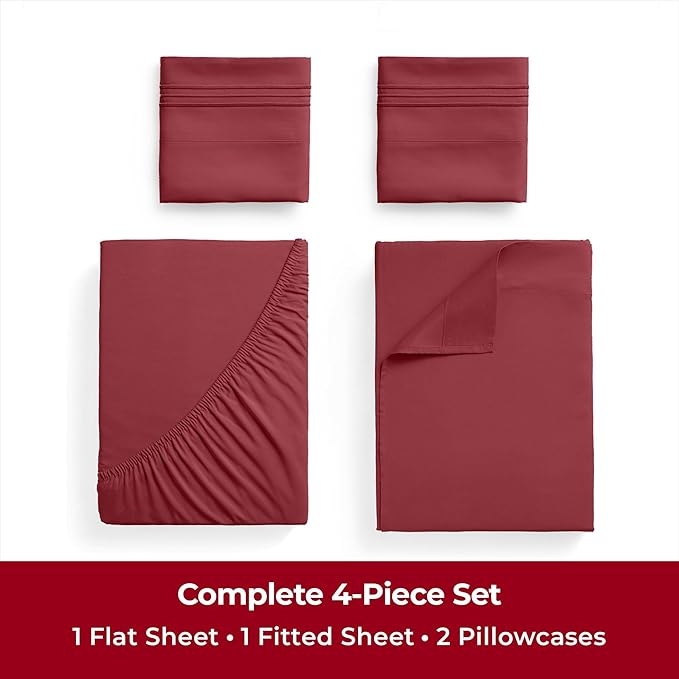 Mellanni Twin XL Sheets Set - 4 Piece Iconic Collection Bedding Sheets & Pillowcases - Soft, Cooling Bed Sheets - Deep Pocket up to 16 inch - 4 PC (Twin Extra Long, Brick Red w/Extra Pillow Case) - LeafyLoom