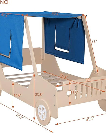 Twin Size Race Jeep Car Bed Platform Bed with Tent Canopy and Wheels,Wood Bed Frame W/Raised Bed Design,for Kids Boys Girls Teens,White+Natural - LeafyLoom