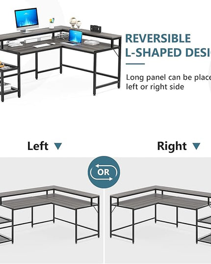L-Shaped Desk with Monitor Shelf,Corner Computer Desk with Storage, Gray - LeafyLoom