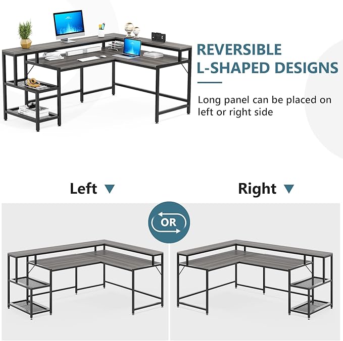 L-Shaped Desk with Monitor Shelf,Corner Computer Desk with Storage, Gray - LeafyLoom