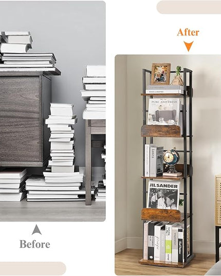 Bikoney Bookshelves 5-Tier, Rotating Bookshelf Tower for Corner, Small Bookcase, Tall Industrial Bookshelf, Narrow Bookshelf, Wood and Metal Black - LeafyLoom