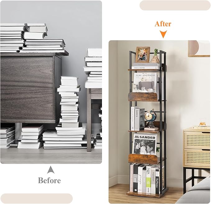 Bikoney Bookshelves 5-Tier, Rotating Bookshelf Tower for Corner, Small Bookcase, Tall Industrial Bookshelf, Narrow Bookshelf, Wood and Metal Black - LeafyLoom
