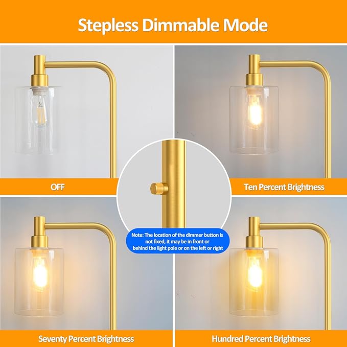 Stepless Dimmable Floor Lamps with Glass Lampshade Modern Standing Lamps with 6W LED Bulb Bright Corner Lamp Tall Pole Lamps for Living Room Bedroom Office Study Room Farmhouse, Gold - LeafyLoom