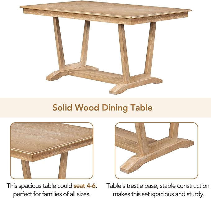 NicBex Small Dining Table Set for 4 Kitchen Table Set 5-Piece Dining Table Set with 4 Upholstered Chairs, 59-inch Rectangular Dining Table with Trestle Table Base, Natural - LeafyLoom