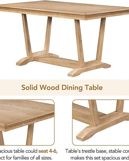 Modern Style 5 Piece 4 Upholstered Chairs, Rubber Wood Set w/59 Rectangular Trestle Table Base, Easy Clean, for Dining Room, Kitchen, Natural 23 - LeafyLoom