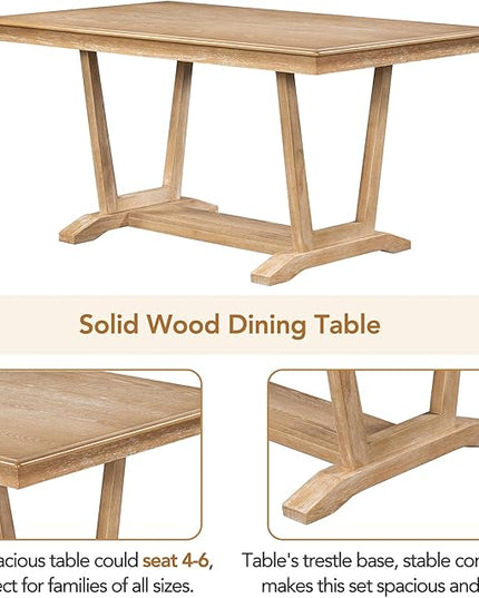 Solid Wood 5-Piece Dining Set with 4 Upholstered Chairs, 59-inch Rectangular Tabletop with Trestle Table Base, for Kitchen Living Room, Natural - LeafyLoom
