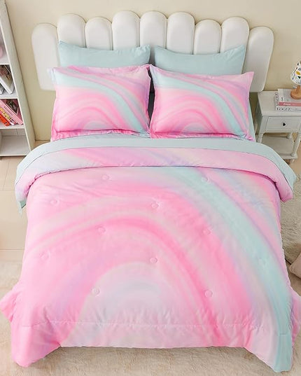Wajade Girls Pink Comforter Set Bed in A Bag Queen Size 7 Piece 3D Colorful Tie Dye Pink Rainbow Bedding Set for Teens Girls (1 Comforter, 1 Flat Sheet, 1 Fitted Sheet, 2 Pillowcase and 2 Pillow Sham) - LeafyLoom