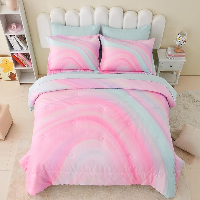 Wajade Girls Pink Comforter Set Bed in A Bag Full Size 7 Piece 3D Colorful Tie Dye Pink Rainbow Bedding Set for Teens Girls (1 Comforter, 1 Flat Sheet, 1 Fitted Sheet, 2 Pillowcase and 2 Pillow Sham) - LeafyLoom