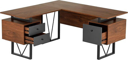 Techni Mobili Reversible Modern Versatile L Shaped Drawers and File Cabinet Home Office Desk, 59" W x 57.3" D x 30" H, Brown, Grey - LeafyLoom