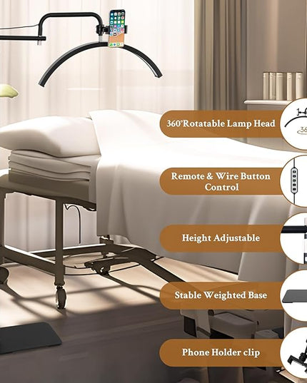 Lash Light for Eyelash Tech - Led Half Moon Light for Tattoo Artists, Esthetician Lights for Eyelash Extensions - Adjustable Brightness & Height, Warm to Cool Floor Lash Lamp with Phone Holder - LeafyLoom