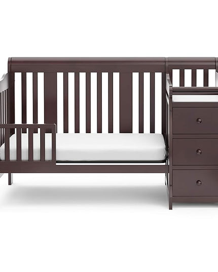 Storkcraft Portofino 5-in-1 Convertible Crib and Changer (Espresso) – Crib and Changing -Table Combo with 3 Drawers, Includes Baby Changing Pad, Converts to Full-Size Bed - LeafyLoom