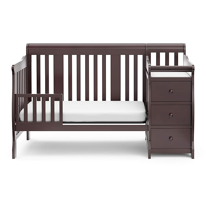 Storkcraft Portofino 5-in-1 Convertible Crib and Changer (Espresso) – Crib and Changing -Table Combo with 3 Drawers, Includes Baby Changing Pad, Converts to Full-Size Bed - LeafyLoom