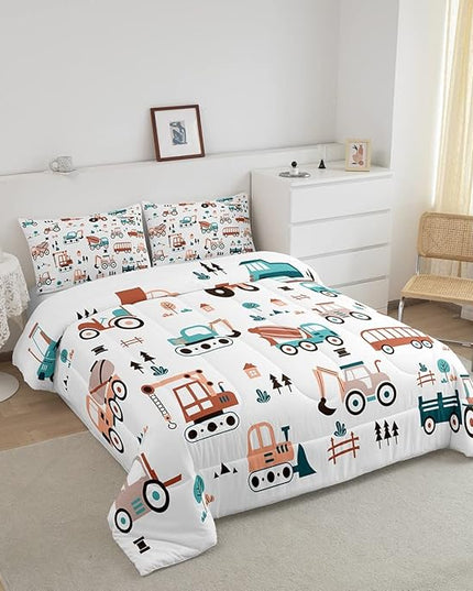 Boys Cartoon Car Comforter Set, Kids Construction Cars Trucks Comforter for Cartoon Botanical Truck Bedding Set Cute Cars Quilt with 2 Pillowcases 3Pcs Bedding Full Boys - LeafyLoom