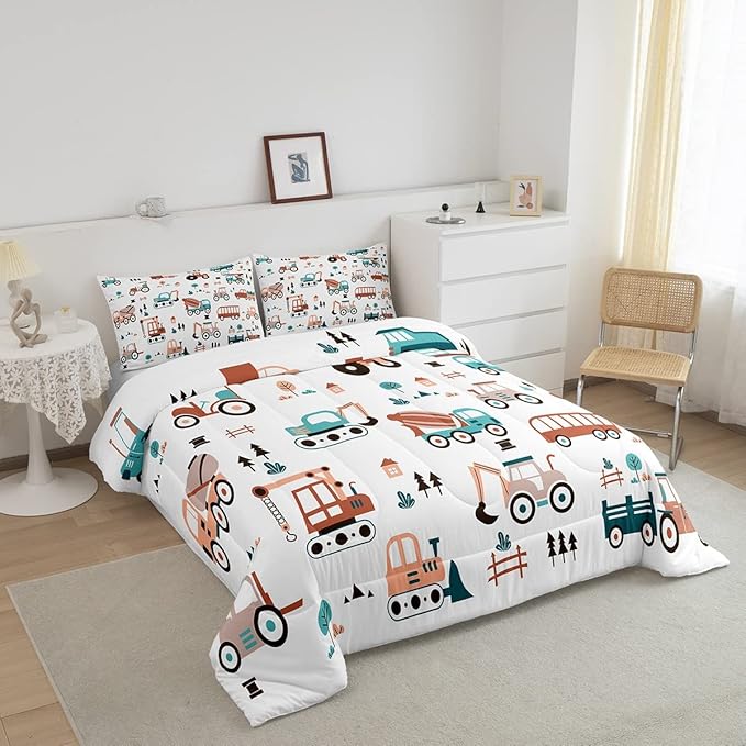 Boys Cartoon Car Comforter Set, Kids Construction Cars Trucks Comforter for Cartoon Botanical Truck Bedding Set Cute Cars Quilt with 2 Pillowcases 3Pcs Bedding Full Boys - LeafyLoom