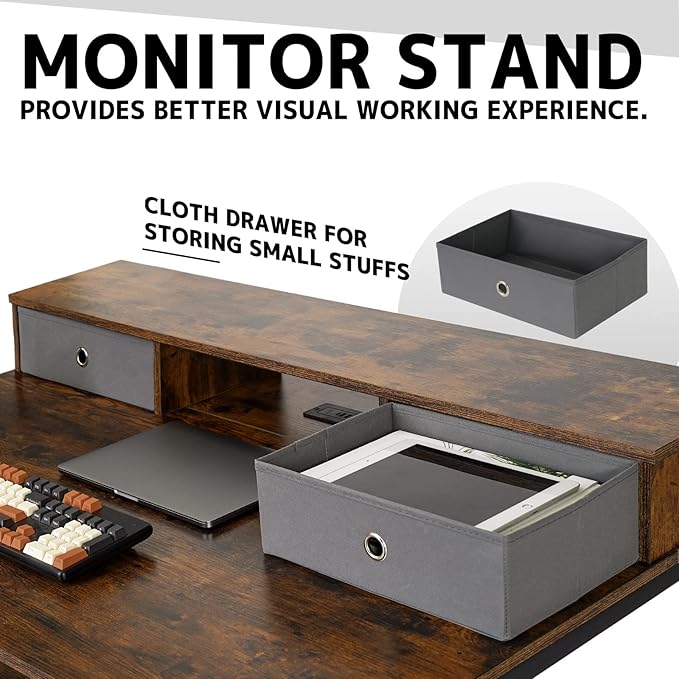 TOPSKY 47”x 31.5” Computer Desk with Drawers, Monitor Stand, Storage Shelf, 3-Port Charging Station (BLACK) - LeafyLoom
