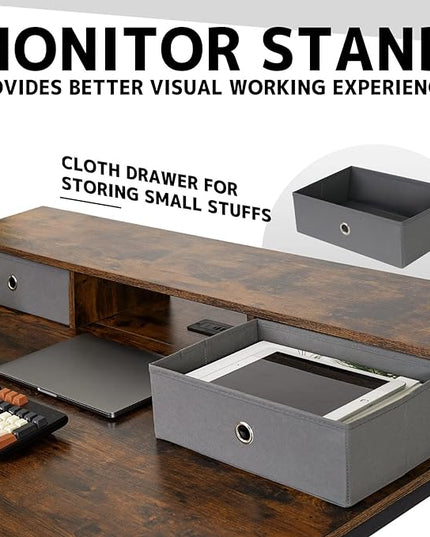 TOPSKY 47”x 31.5” Computer Desk with Drawers, Monitor Stand, Storage Shelf, 3-Port Charging Station (BAMBOO) - LeafyLoom