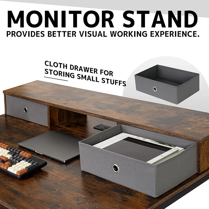 TOPSKY 47”x 31.5” Computer Desk with Drawers, Monitor Stand, Storage Shelf, 3-Port Charging Station (BAMBOO) - LeafyLoom