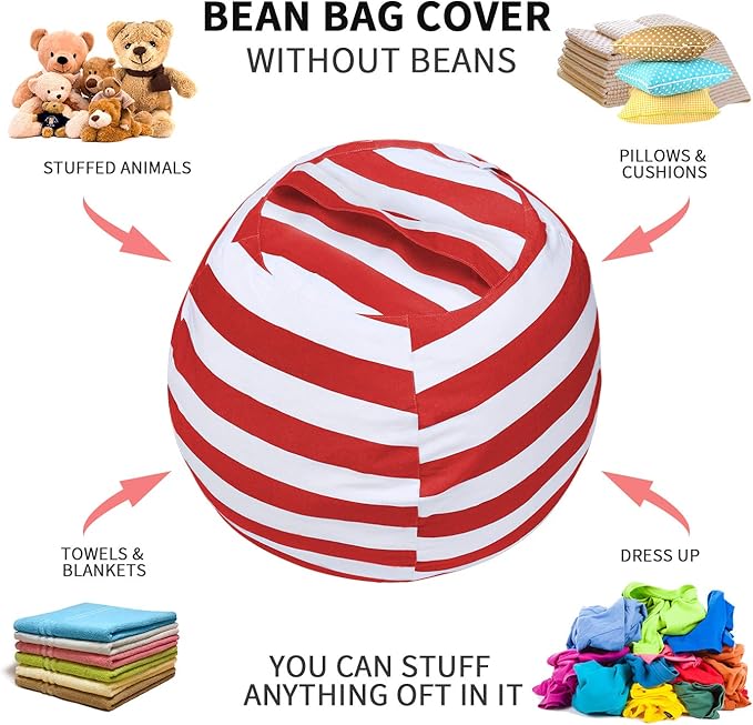 2 PCS Stuffed Animal Storage Bean Bag Chair Cover, Cotton Canvas Beanbag with Zipper for Organizing Kid's and Adults Room Red 24" - LeafyLoom