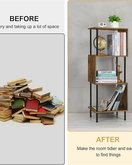 smusei 4 Tier Book Shelf Small Rustic Brown Bookshelf Organizer for Small Spaces S-Shaped Wood Corner Bookcase for Bedroom, Living Room, Study Room and Home Office - LeafyLoom