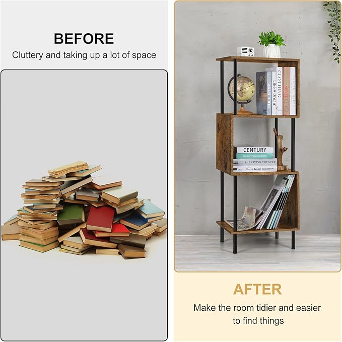 smusei 4 Tier Book Shelf Small Rustic Brown Bookshelf Organizer for Small Spaces S-Shaped Wood Corner Bookcase for Bedroom, Living Room, Study Room and Home Office - LeafyLoom