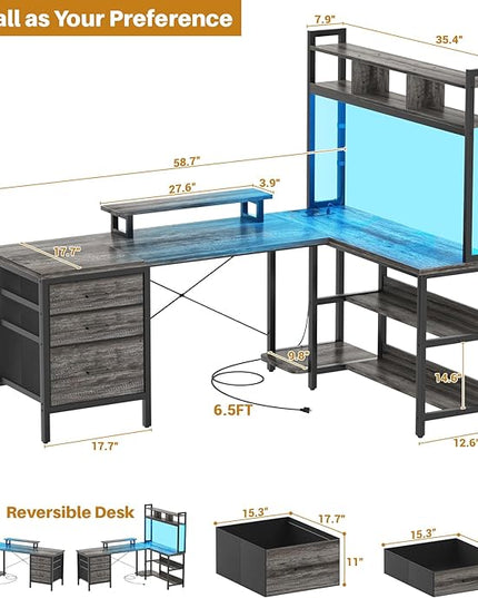 Aheaplus L Shaped Desk with Hutch, Gaming Desk with Led Lights, Reversible Computer Desk with Power Outlet, Corner Desk with File Drawer & Monitor Stand, Storage Shelves for Home Office, Black Oak - LeafyLoom