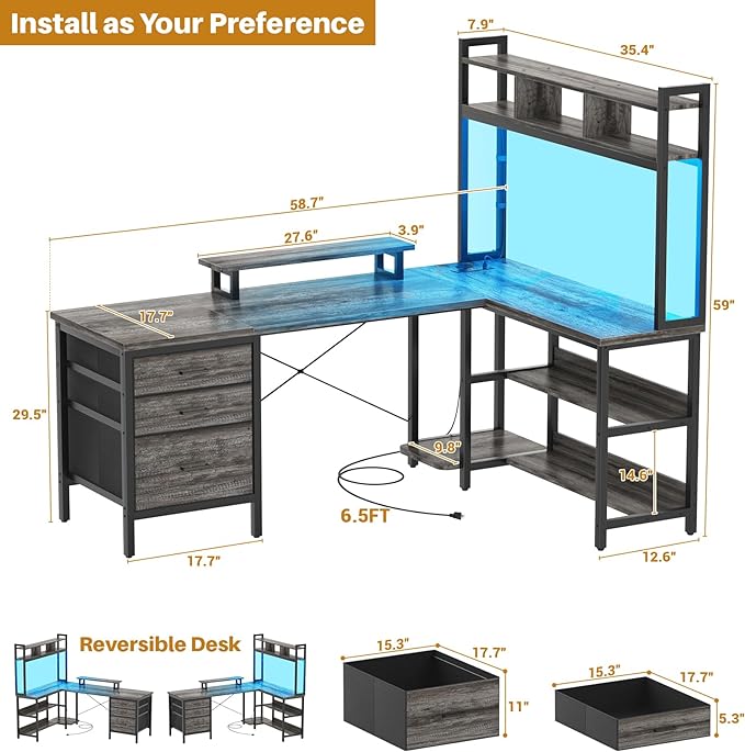 Aheaplus L Shaped Desk with Hutch, Gaming Desk with Led Lights, Reversible Computer Desk with Power Outlet, Corner Desk with File Drawer & Monitor Stand, Storage Shelves for Home Office, Black Oak - LeafyLoom