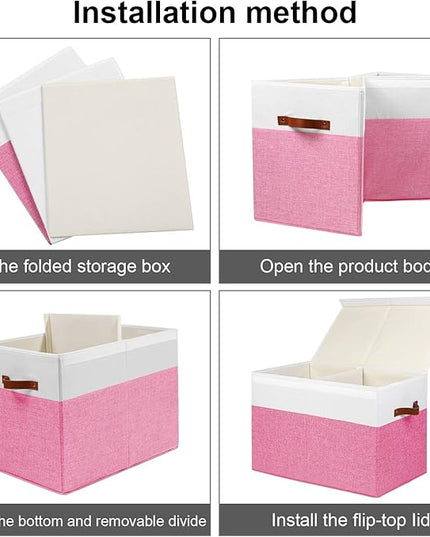 Large Toy Storage Box with Lid, Sturdy Toys Storage Chest Bin Organizer Basket with Dividers for Kids, Boys, Girls, Nursery, Closet, Bedroom, Playroom 25"x13" x16" (Pink and White) - LeafyLoom