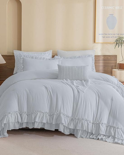 Ruffled Comforter Set for Queen Bed,3 Pieces Vintage Farmhouse Shabby Bedding Set Lightweight Ultra Soft French Country Bedding (1 Cornflower Blue Comforter +2 Pillowcases) - LeafyLoom