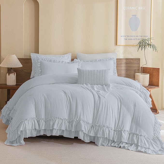 Ruffled Comforter Set for Queen Bed,3 Pieces Vintage Farmhouse Shabby Bedding Set Lightweight Ultra Soft French Country Bedding (1 Cornflower Blue Comforter +2 Pillowcases) - LeafyLoom
