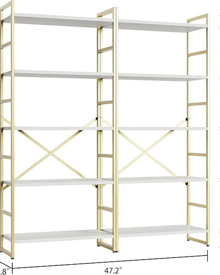 Shintenchi 2 Pieces 5 Tiers Bookshelf, Classically Tall Bookcase Shelf, Industrial Book Rack, Modern Book Holder in Bedroom/Living Room/Home/Office, Storage Rack Shelves for Books/Movies-Gold - LeafyLoom