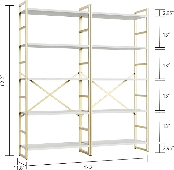 Shintenchi 2 Pieces 5 Tiers Bookshelf, Classically Tall Bookcase Shelf, Industrial Book Rack, Modern Book Holder in Bedroom/Living Room/Home/Office, Storage Rack Shelves for Books/Movies-Gold - LeafyLoom