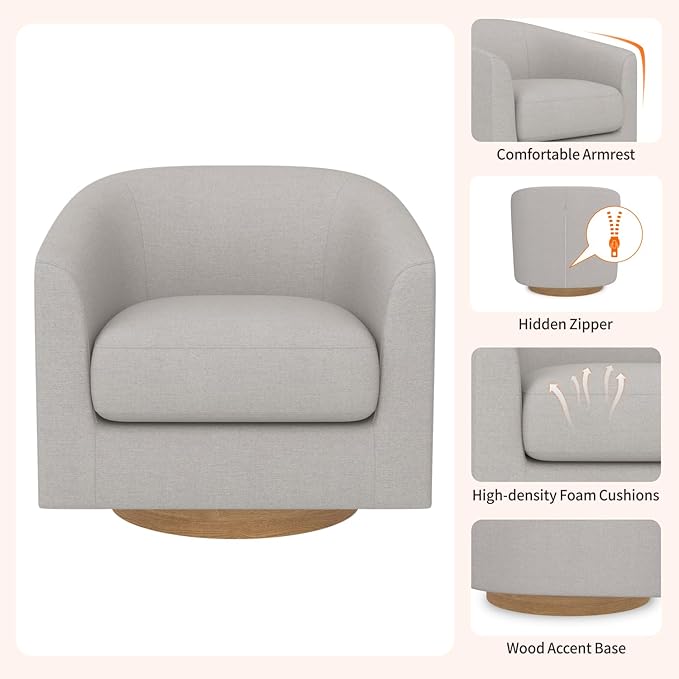 MUUEGM Accent Chair with Arms, 360 Degree Swivel Accent Chair with Wood Base, Modern Barrel Chair for Living Room, Bedroom, Waiting Room, Fully Assembled,Performance Fabric in Light Grey - LeafyLoom