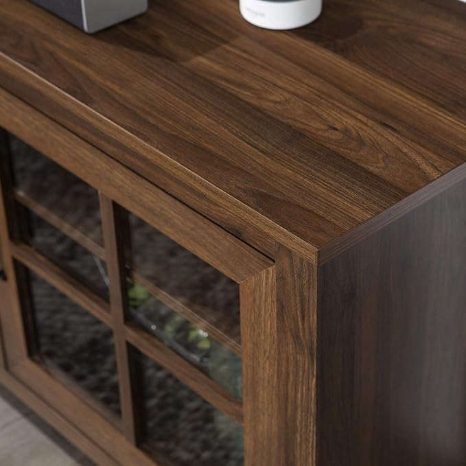Walker Edison Portsmouth Classic 2 Glass Door Stand for TVs up to 80 Inches, 70 Inch, Dark Walnut - LeafyLoom