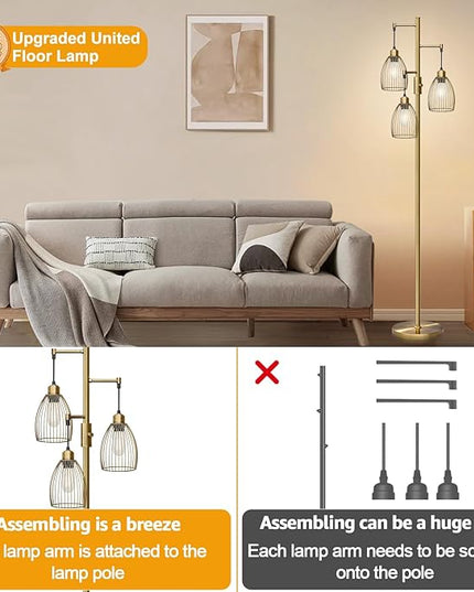 Dimmable Floor Lamp, 3 x 800LM LED Edison Bulbs Included, Farmhouse Industrial Floor Lamp Standing Tree Lamp with Elegant Teardrop Cage Tall Lamps for Living Room Bedroom Office Dining Room-Brass - LeafyLoom