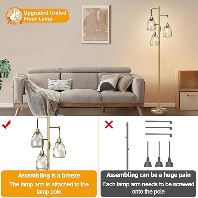 Dimmable Floor Lamp, 3 x 800LM LED Edison Bulbs Included, Farmhouse Industrial Floor Lamp Standing Tree Lamp with Elegant Teardrop Cage Tall Lamps for Living Room Bedroom Office Dining Room-Brass - LeafyLoom