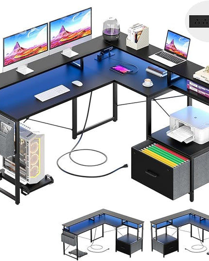 Unikito L Shaped Desk with File Drawer, Reversible L Shaped Computer Desk with Power Outlet & LED Lights, Home Office Desk Corner Desk with Monitor Shelf and Printer Cabinet, Gaming Desk, Black - LeafyLoom