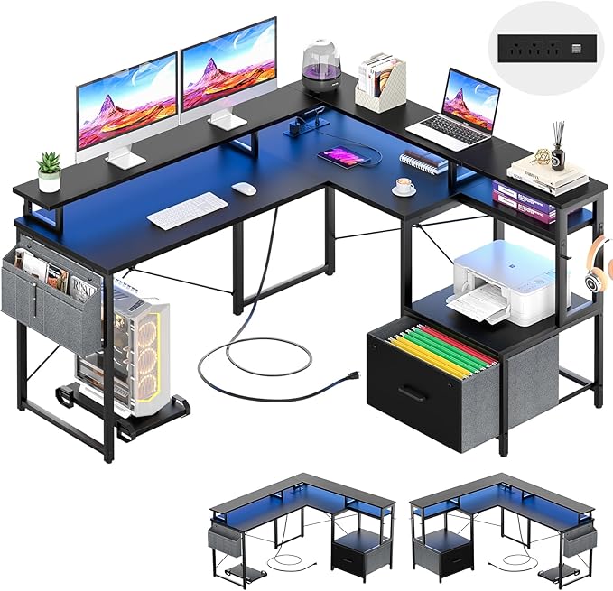 Unikito L Shaped Desk with File Drawer, Reversible L Shaped Computer Desk with Power Outlet & LED Lights, Home Office Desk Corner Desk with Monitor Shelf and Printer Cabinet, Gaming Desk, Black - LeafyLoom