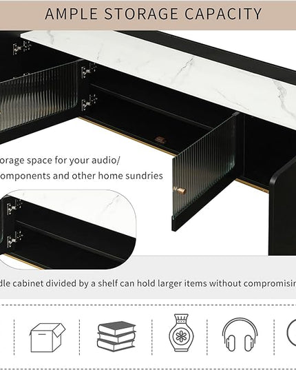 LUSAPZ Sleek Design TV Stand,Modern TV Stand with Fluted Glass,for TVs Up to 70 Inch,Faux Marble Top TV Console Table with Gold Frame Base,Ideal for Living Room (Black) - LeafyLoom