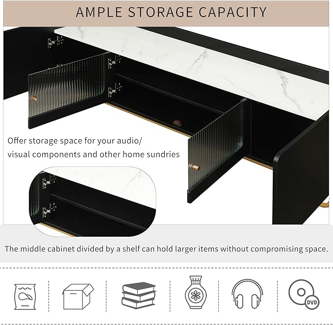 LUSAPZ Sleek Design TV Stand,Modern TV Stand with Fluted Glass,for TVs Up to 70 Inch,Faux Marble Top TV Console Table with Gold Frame Base,Ideal for Living Room (Black) - LeafyLoom