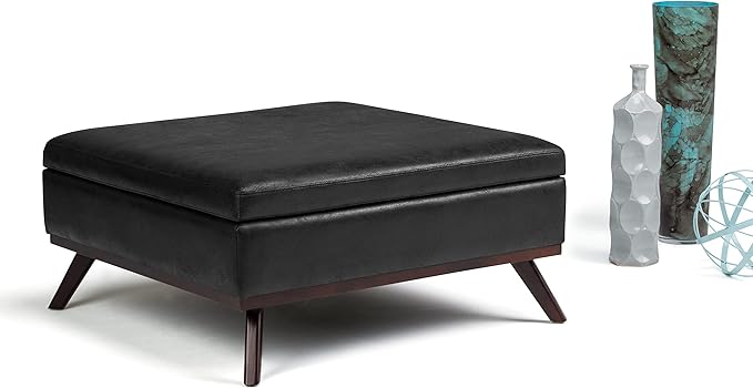 SIMPLIHOME Owen 36 Inch Wide Mid Century Modern Square Coffee Table Lift Top Storage Ottoman in Upholstered Distressed Black Faux Leather, For the Living Room - LeafyLoom
