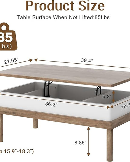 Shintenchi Coffee Table, Lift Top Coffee Table with Hidden Compartment, Rising Tabletop Dining Table, Lift Top Coffee Center Table for for Living Room, Office, Home (Ivory) - LeafyLoom