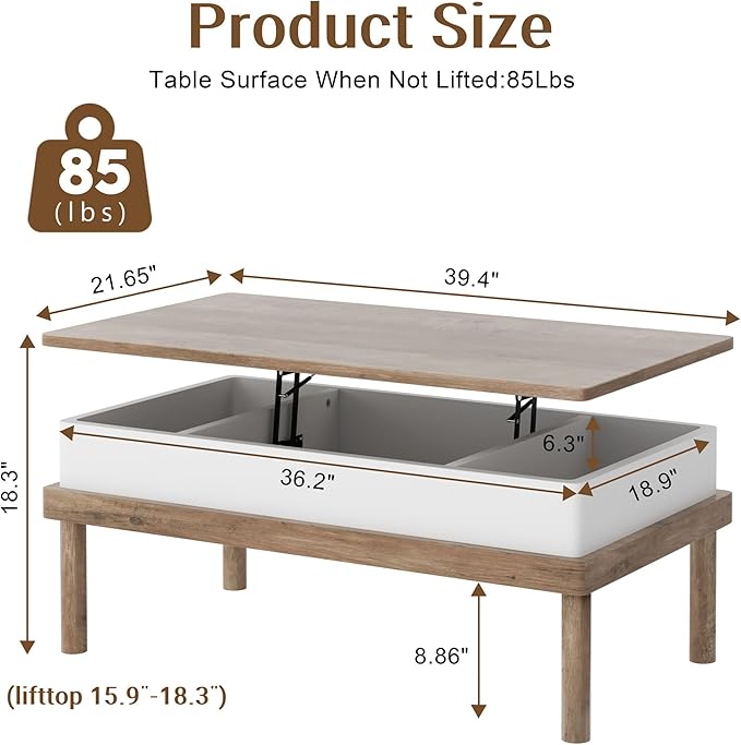 Shintenchi Coffee Table, Lift Top Coffee Table with Hidden Compartment, Rising Tabletop Dining Table, Lift Top Coffee Center Table for for Living Room, Office, Home (Ivory) - LeafyLoom