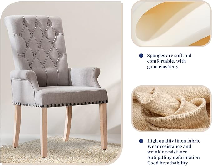 Dining Room Chairs with Arms,Tufted Upholstered High Back Nailed Trim with Untique Oak Wood Legs for Kitchen Restaurant Room Bedroom - LeafyLoom